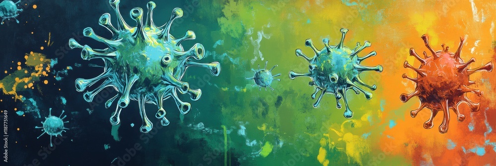 Poster virus transformation and mutation process displayed with vivid colors showing complexity and diversi