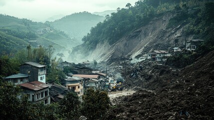 Landslide Devastation in Mountain Village with Heavy Machinery Recovery