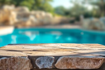 Poolside stone table, summer resort background