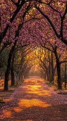 Naklejka premium Serene Pathway Surrounded by Blooming Pink Cherry Blossom Trees