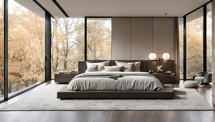 modern master bedroom with floor to ceiling windows and neutral tones