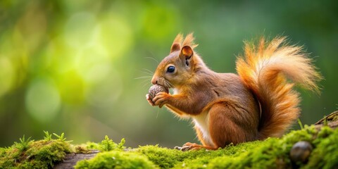 Tiny red squirrel nibbling on a hazelnut with a lush green forest background