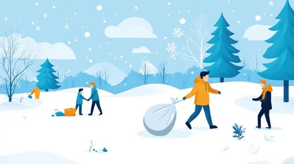 Winter Wonderland Scene with People Engaging in Outdoor Activities Amidst Snowy Landscape Featuring Pine Trees and Soft Blue Sky