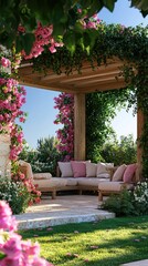 Fototapeta premium Serene Outdoor Lounge Surrounded by Vibrant Flowering Plants