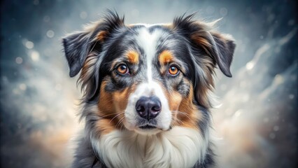 Double Exposure Australian Shepherd Portrait: Tri-Color Dog Headshot, Grey Background