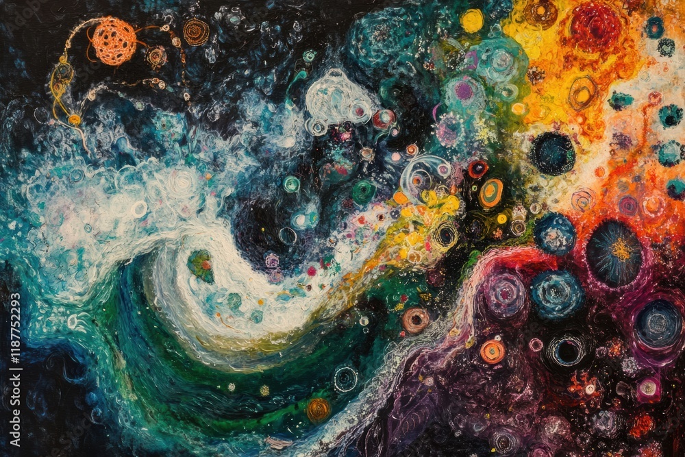 Poster Intricate abstract representation of swirling bacteria and microbes in vibrant liquid environment. Generative AI