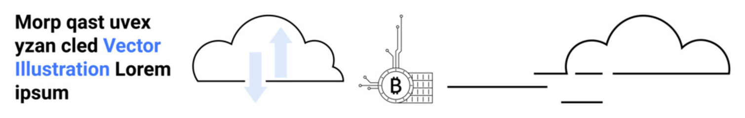 Text with keywords, two clouds, downward arrow, grid with B, lines signifying connection. Ideal for technology, web design, cloud storage, data security, networking, digital marketing, educational