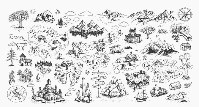 Fantasy map elements illustration, drawing, engraving, ink, line art, vector
