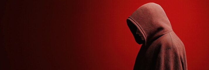 A silhouette of a cloaked figure positioned against a vivid red background, capturing a sense of mystery and intrigue, inviting curiosity about their identity and story.