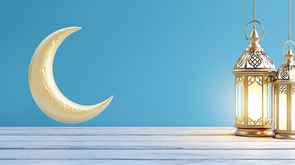 Ramadan Kareem  Golden Crescent Moon   Lanterns on Wooden Table