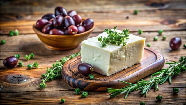 A block of crumbly white Feta cheese sitting on a rustic wooden table surrounded by fresh green thyme sprigs and a bowl of Kalamata olives, greek cuisine, mediterranean food - Powered by Adobe