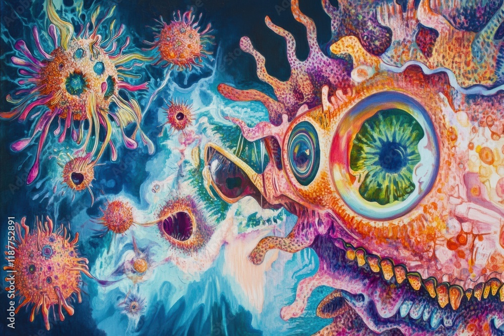 Poster intricate transformation of a virus showcasing mutation with vibrant colors and dynamic shapes in a 