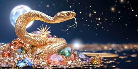 Obraz premium Golden snake emerges from a gemstone pi in a mystical chinese theme surrounded by sparkling treasures
