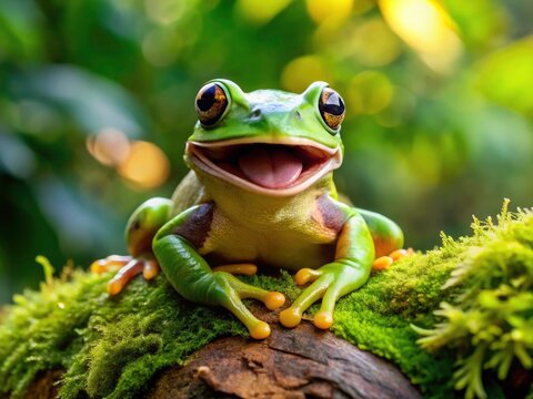 Gliding Frog Moss Laughter: Funny Amphibian Fashion Photography
