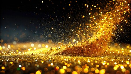 Naklejka premium Golden Glitter Super Slow Motion, Black Background, Motion Graphics, Abstract, Shimmer, Sparkle, Luxury, Festive