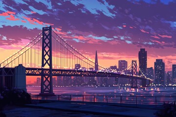 Fototapeta premium Vibrant sunset behind san francisco bay bridge illuminating cityscape