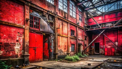 Naklejka premium Abandoned urban exploration: dark red tones highlight decaying industrial structures, contrasting light and shadow.