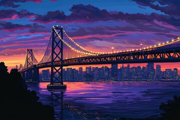 Fototapeta premium Illuminated bridge against vibrant city skyline at dusk