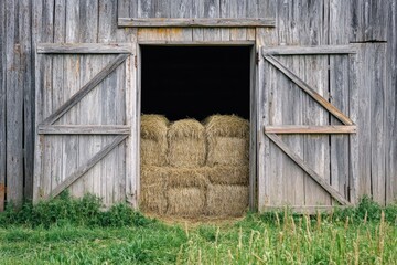 Weathered barn with open doors revealing hay bales inside amidst grassy landscape during day. Generative AI