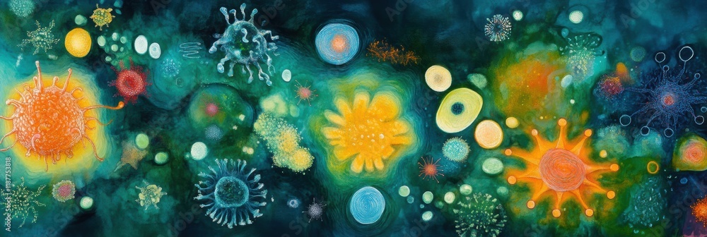 Poster Swirling bacteria and microbes create a vibrant dance through liquid environments in a captivating abstract depiction. Generative AI