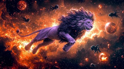 Majestic Cosmic Lion: A Fantasy Artwork of a Powerful Lion Soaring Through a Vibrant Nebula, Surrounded by Burning Stars and Celestial Bodies