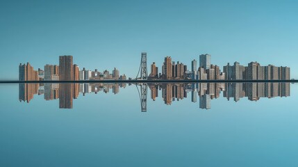 Serene Cityscape Reflection Under Clear Blue Sky at Sunset