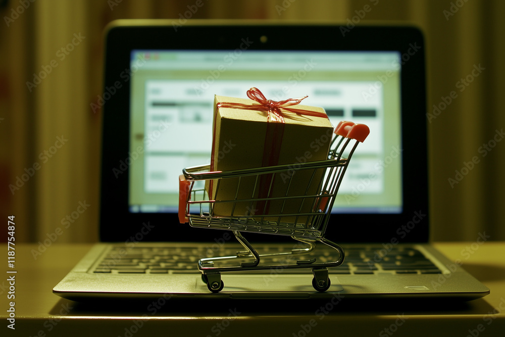 Poster a shopping cart holding a mini parcel with a laptop screen displaying an online store in the backgro