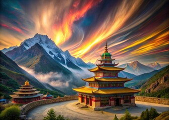 Fototapeta premium Celestial architecture, mystical mountains frame Daocheng's sacred Tibetan temple. Dreamlike scenery awaits photographers in China.