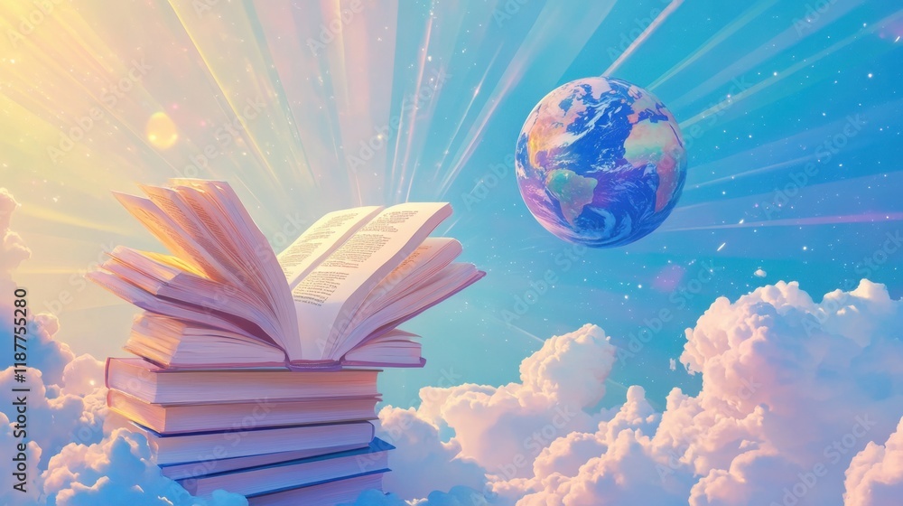 Poster open book on clouds with earth in the sky: a vision of knowledge and global understanding