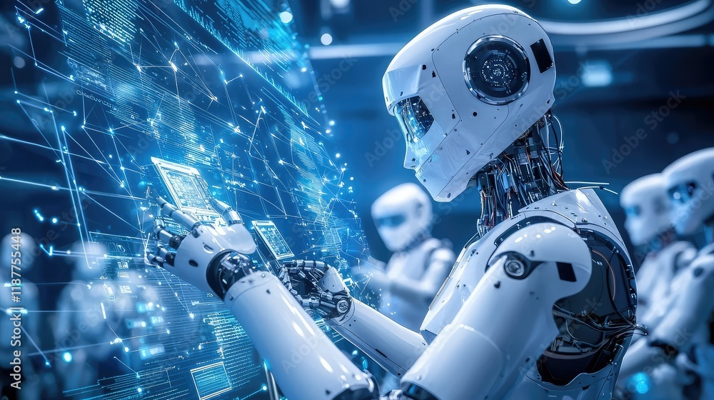 Poster advanced robot interacting with digital interface in high-tech setting