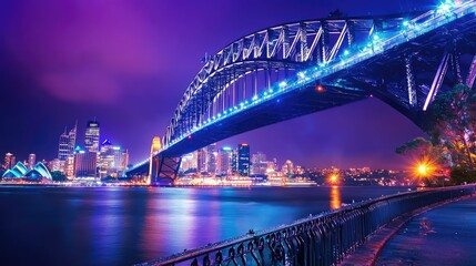Obraz premium Stunning Night View of Sydney Harbour Bridge with City Skyline Illuminated