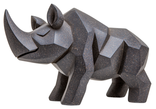 Geometric rhinoceros sculpture in dark stone, featuring angular shapes and a modern abstract design
