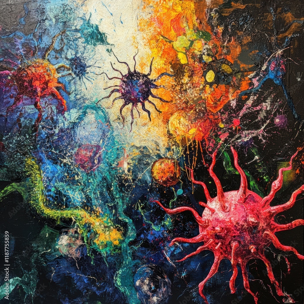 Poster virus transformation and mutation depicted in vibrant colors illustrating complex cellular interacti