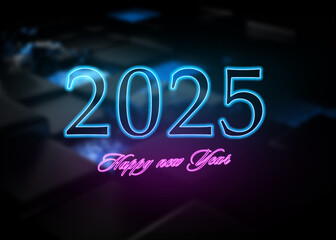 3d Rendering illustration of a happy new year neon 2025 design