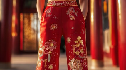 Naklejka premium Chinese New Year pants with bold firework patterns and golden trim, capturing the excitement of 2025.