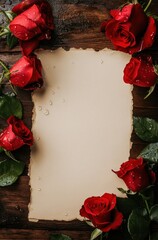 Red roses frame blank note, wood background, romantic message