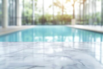 Obraz premium Marble table, poolside, tropical view, resort, summer