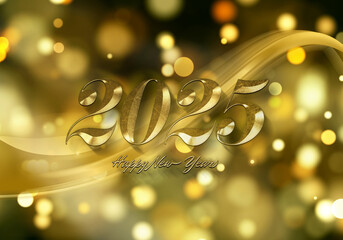 3d Rendering Illustration of a golden festive happy new year 2025 design.