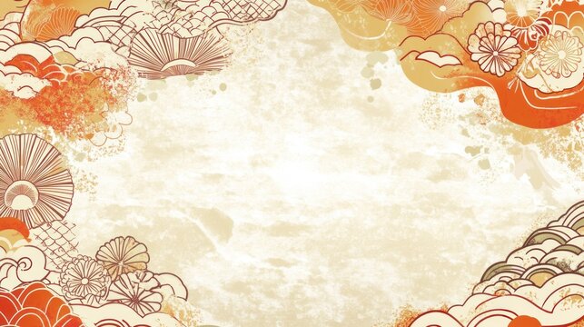 Elegant Asian Floral Design:  Warm Hues and Intricate Line Art