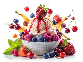 Frozen Yogurt Sundae Photography: Colorful Berries & Fruit Topping, Appetizing Dessert