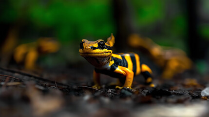 Fototapeta premium Fire salamander exploring forest floor, vibrant amphibian in natural habitat
