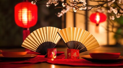 festive centerpiece with bamboo fans, lucky red envelopes, and lanterns casting a soft, warm glow to celebrate Chinese New Year.
