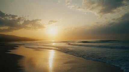 Fototapeta premium Tranquil Sunset Over Serene Beach with Gentle Waves and Clouds