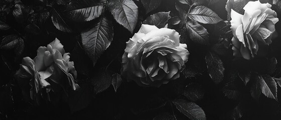 Monochrome roses, garden, dark leaves, background blur, romantic