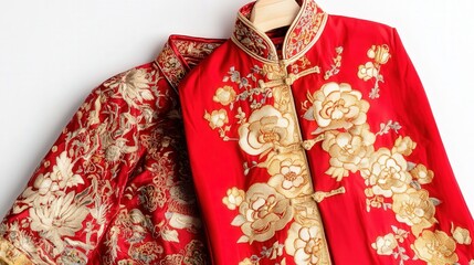 Naklejka premium Chinese New Year outfit for couples, combining red and gold designs, styled against a white backdrop