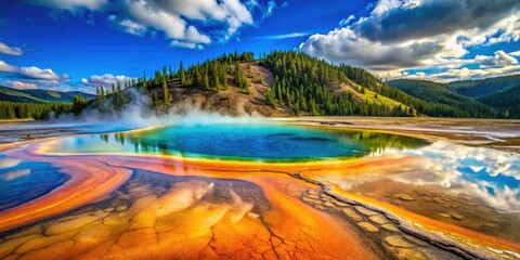Grand Prismatic Spring Geyser in Yellowstone National Park - Breathtaking Minimalist Landscape Photography of Vibrant Colors and Natural Beauty in an Iconic American National Park
