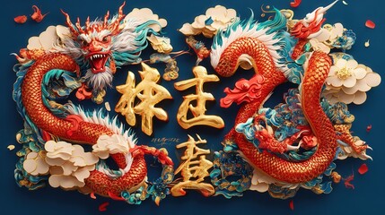 Chinese New Year 2025 invitation sign showcasing bold gold lettering, vibrant dragon art, and zodiac animal symbols.