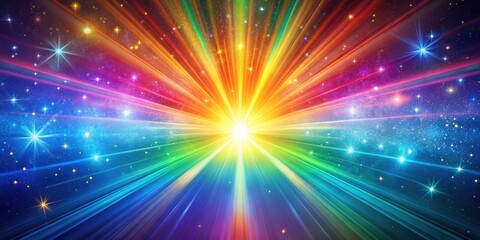 Fototapeta premium Magical rainbow sunburst, glittering stars paint a celestial fantasy art background.