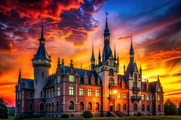 Obraz premium Neo-Gothic elegance: Olecko's Starosty Poviat, silhouetted against the May 1897 sky.
