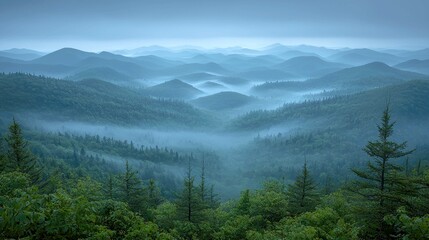 Obraz premium Misty Mountain Majesty: A Breathtaking Panoramic View of Serene Blue Mountains and Verdant Forests